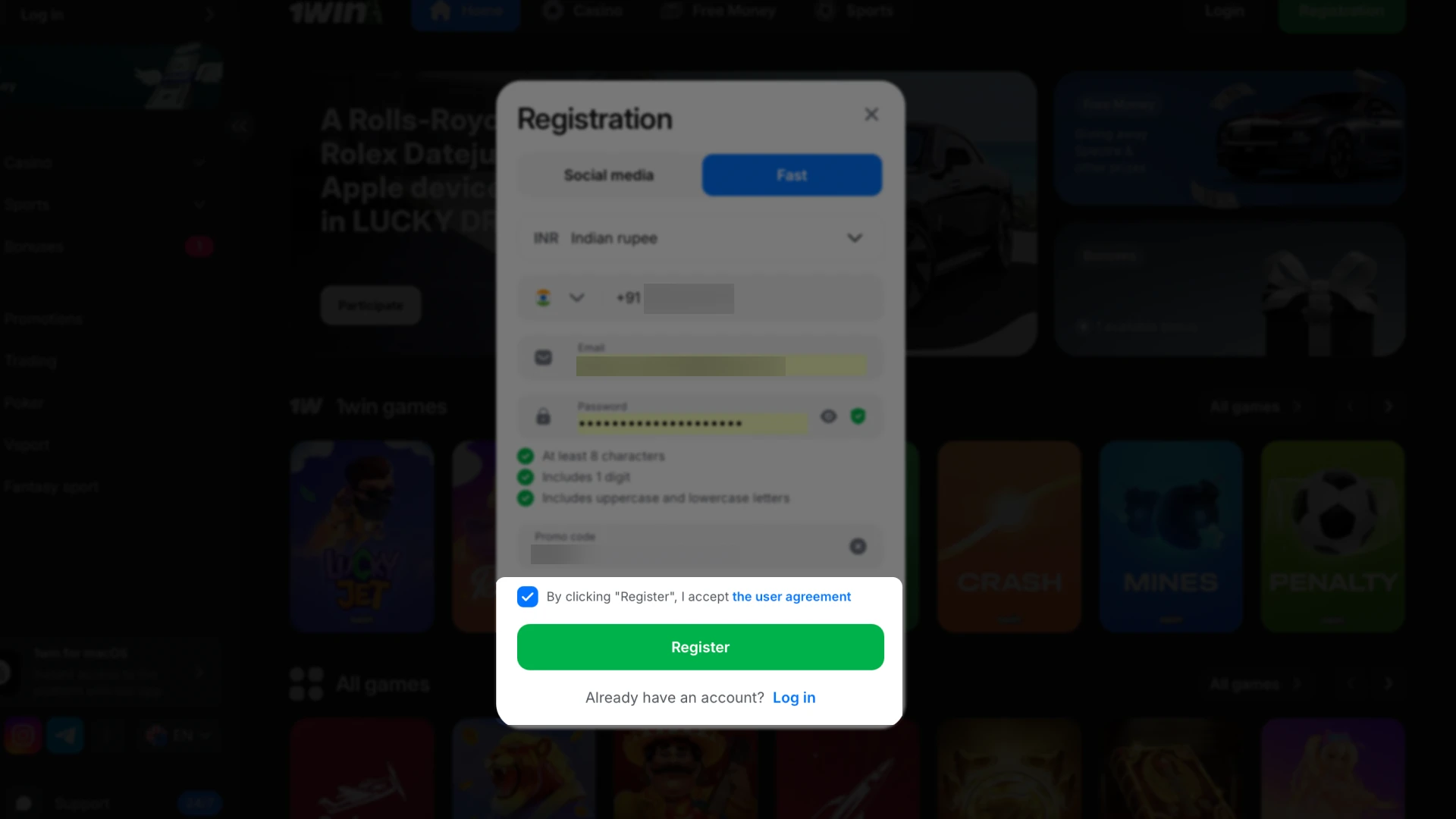 Register a new account on 1win to unlock access to all games and bonuses.