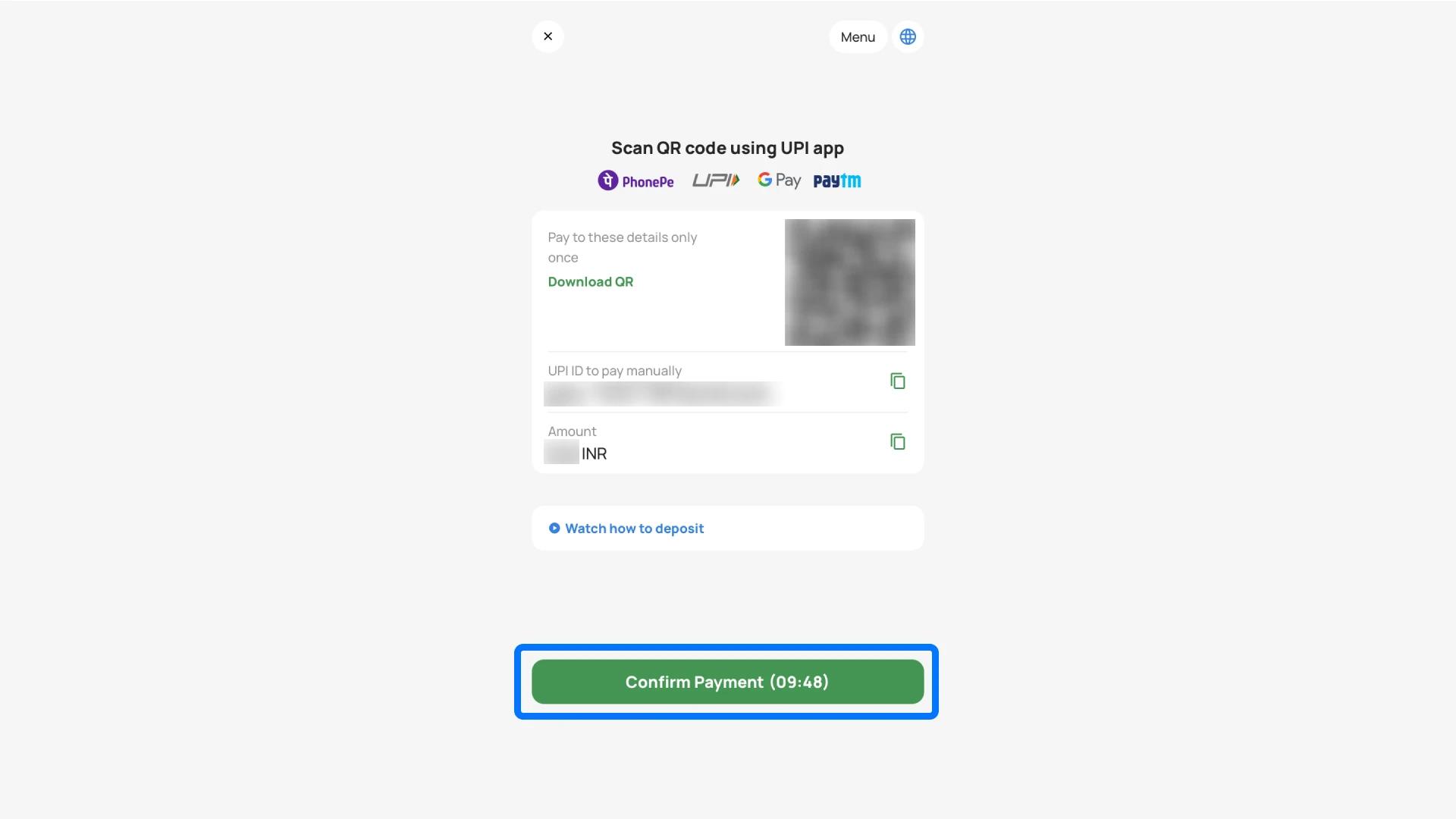 Finalize the transaction to instantly add funds to your balance for betting on the 1win platform.