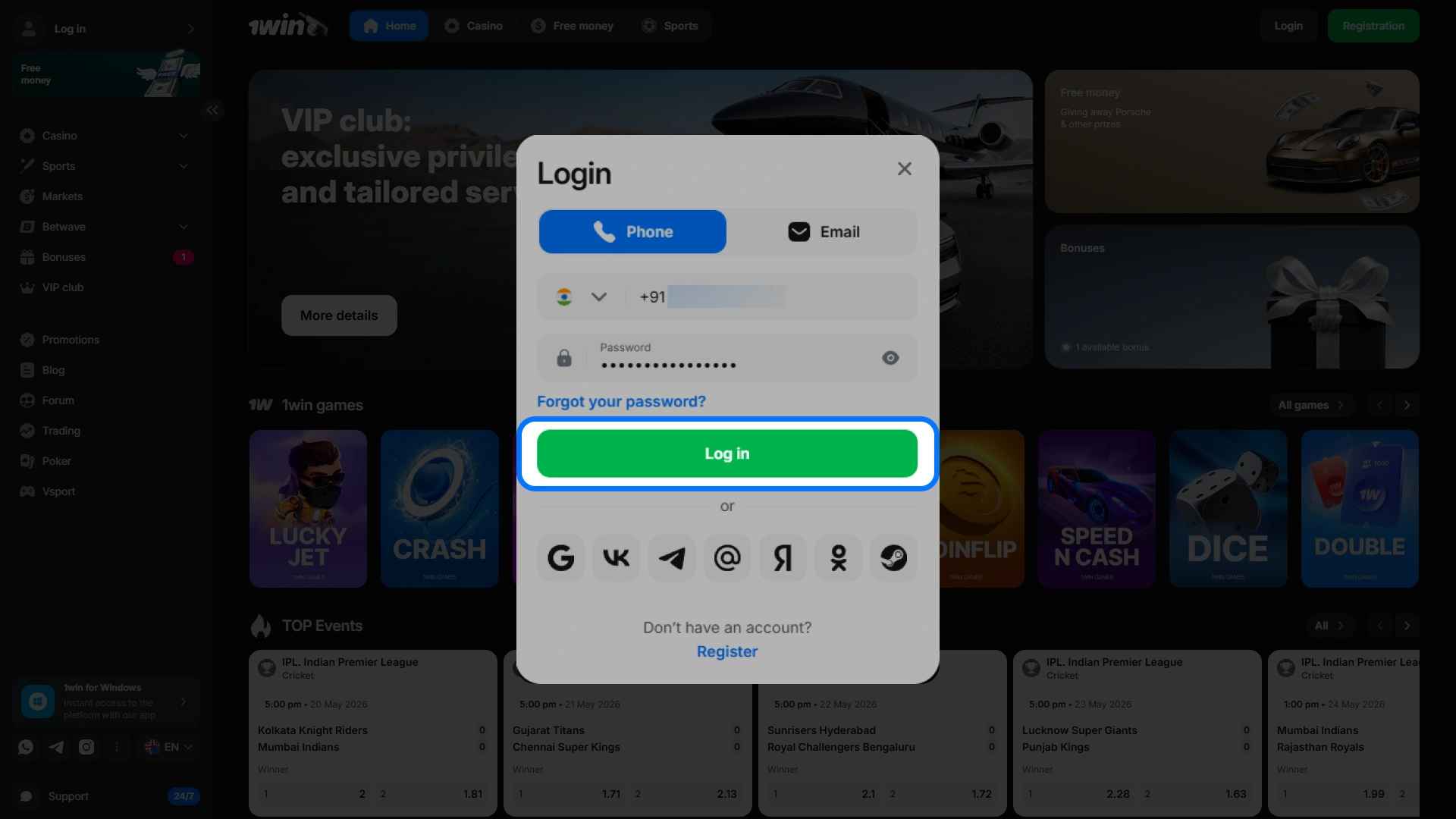 Click the sign-in button to access your 1win account.